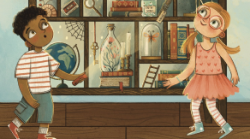 Two children look up in wonder at a curio cabinet.