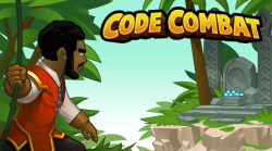 CodeCombat logo, adventurer holds a jungle vine and look at a display of gems.