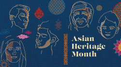 Picture with a dark blue background with textured motifs from across Asia.