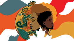 Featuring a colourful background made up of vibrant blue, orange, and red colours with floral detailing and two prominent faces at the forefront.