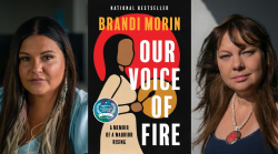 Photo of author Brandi Morin, cover image of her book On the Frontlines of Indigenous Land Defence, photo of Karyn Pugliese.