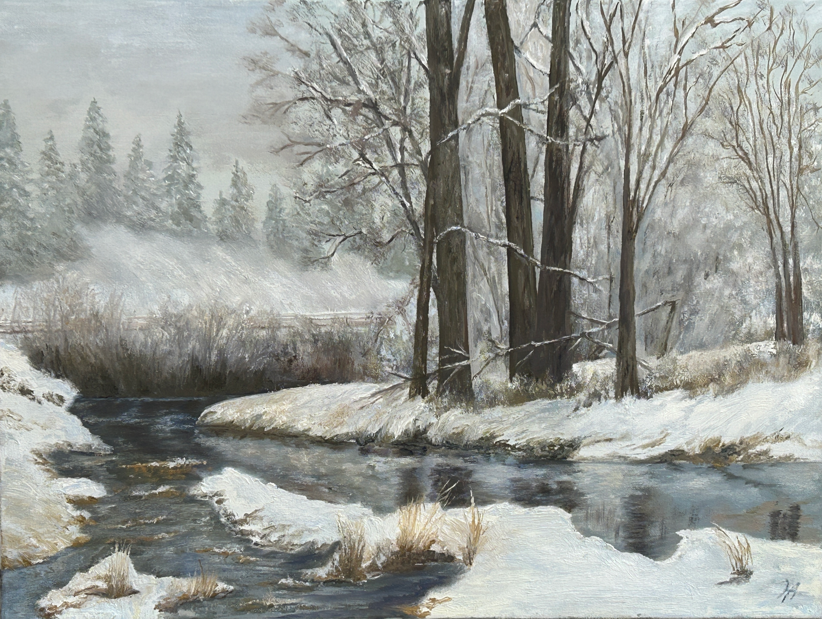 An oil painting of a winter stream and forest