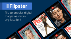 Text reads: "Flipster. Flip to popular digital magazines from any location." Cover images for People, Times, and Forbes magazines are displayed on an array of tablets.