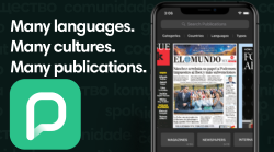 Text reads "Many Languages. Many Cultures. Many Publications." next to a tablet displaying a digital copy of El Mundo.