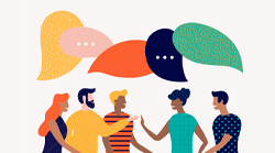 Group of people facing each other, speech bubbles over their heads.