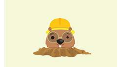 Burrowing mammal wearing safety hat and goggles peeking out of dirt mound