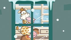 A giraffe hugging a pillow looks out through a snowy window.