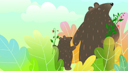 Large bear holds the paw of a small bear, each are carrying flowers, walking through a brightly coloured clearing.