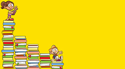 Five stacks of books in set up like a staircase, a kid stands on the tallest stack while another kids sits on the shortest stack. ,