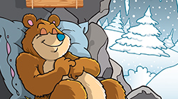 A bear sleeps against a pillow in a cave, a wintery forest is outside of the cave entrance.