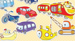 Variety of smiling cars, trucks, and other vehicles.