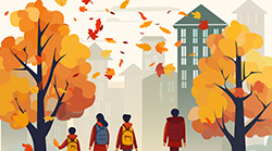 Four teens wearing backpacks walking through autumn leaves in an city landscape.