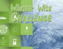 A frosty winter pattern, the left half of which is covered with green squares with icons showing environmentally-friendly concepts.