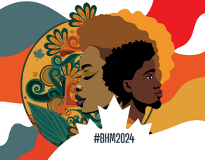 Image featuring a colourful background made up of vibrant blue, orange, and red colours with floral detailing and two prominent faces at the forefront. Text: #BHM2024