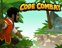 CodeCombat logo; adventurer holds onto a jungle vine while looking on at a display of gems across a canyon.