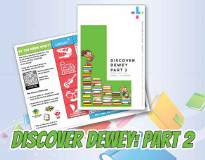 Text reads "Discover Dewey Part 2," the front cover and the inside of the tracking document are shown.