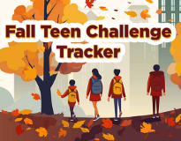 Four teens wearing backpacks walking through autumn leaves in an city landscape.