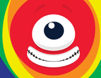Perry, the rainbow-coloured monster, with a single eye and a toothy grin.