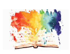 Watercoloured rainbow, ascending from an open book; links to Pride Month info page