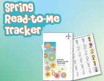 Text reads "Spring Read-to-Me Tracker," the front cover and inside of the tracker document is shown.