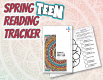 Text reads "Spring Teen Reading Tracker," the front cover and the inside of the tracker are shown.