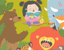 A girl reads to a bear, lion, and other animals. Image links to registration information page for Story Time.