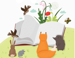Two birds, a rabbit, a mouse, a fox, & hedgehog looking at an open book; image links to registration info for story times