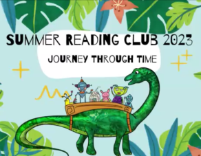 Text reads "Summer Reading Club 2023 Journey Through Time" above a group of robots and other creatures riding on a long-necked dinosaur.