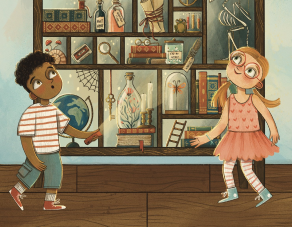 Two children look at a curios shelf in wonder.