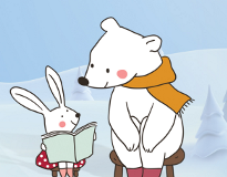 Rabbit reading a story book to a polar bear