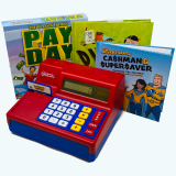 A toy cash register sits in front of three financial literacy books for kids