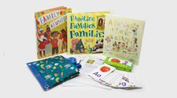Three storybooks about families, a pencil case, and Alphabet flash cards.