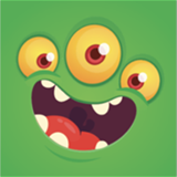 Merry the green monster with three eyes and a big smile.